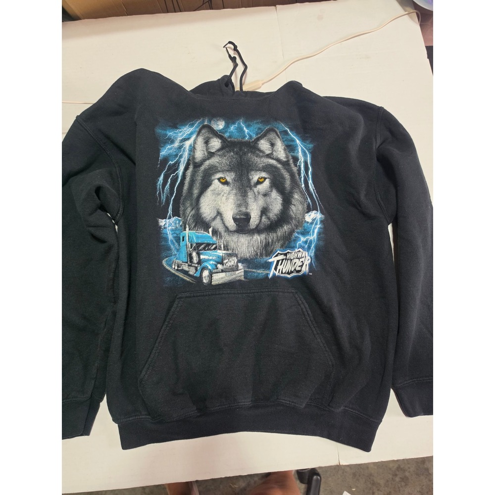 Gildan Heavy Blend Highway Thunder Wolf Trucker Lightning Graphic Hoodie Black L